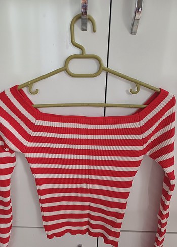 Çizgili Kırmızı Triko Mini Bluz - Görsel 2