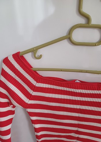 Çizgili Kırmızı Triko Mini Bluz - Görsel 4