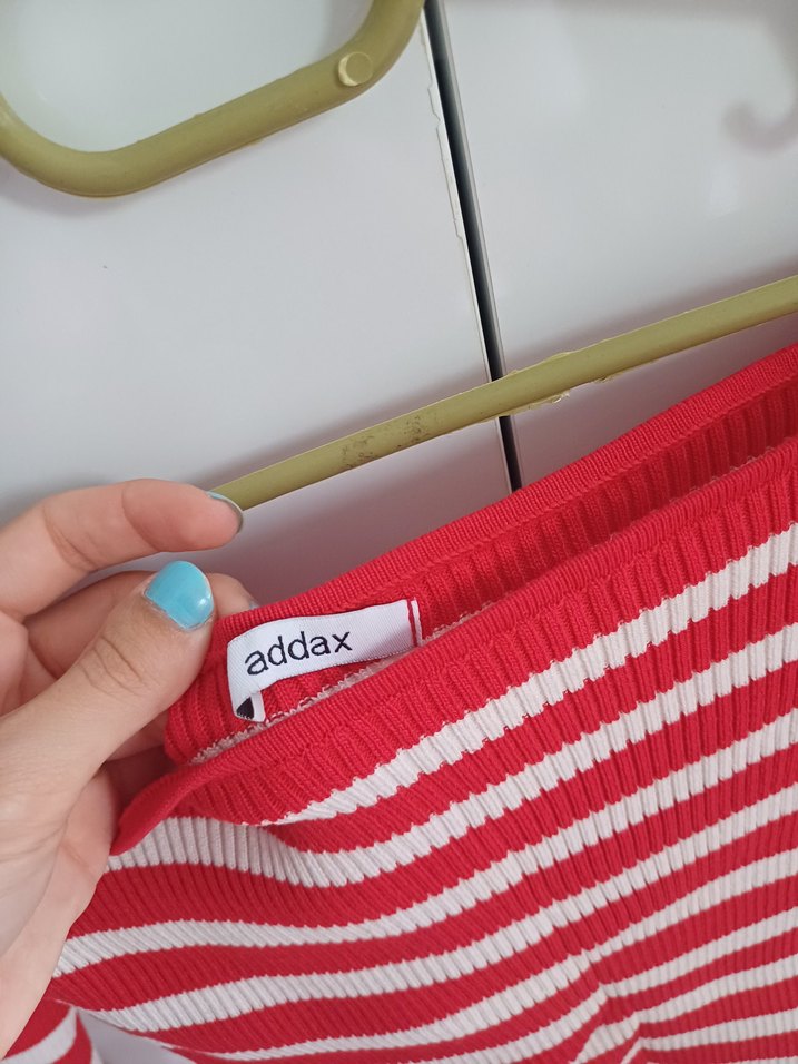 Çizgili Kırmızı Triko Mini Bluz - Görsel 3