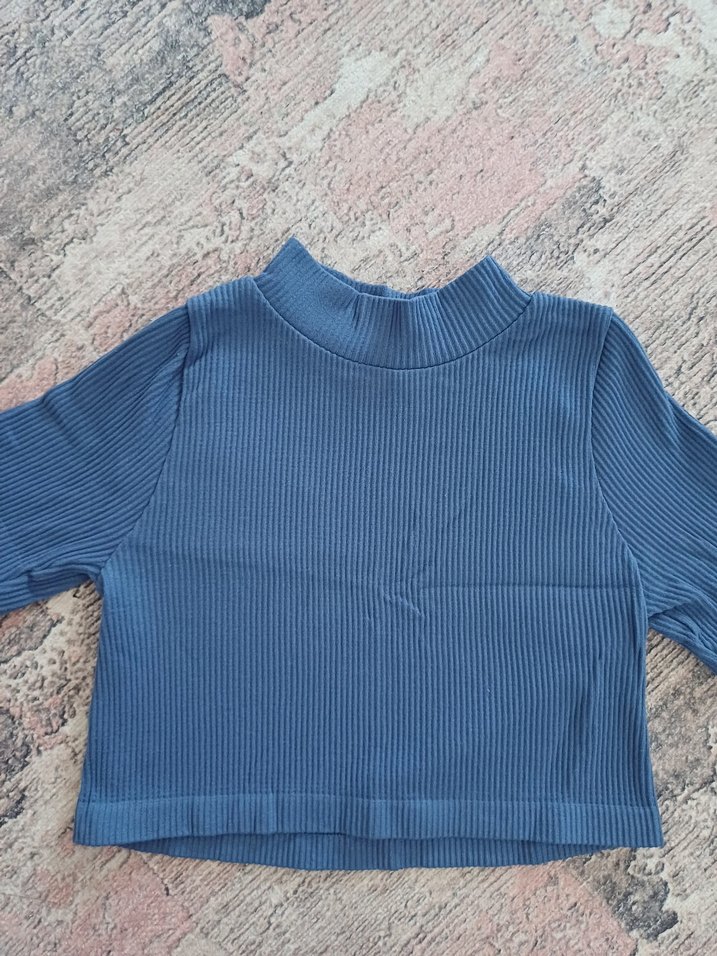 Mavi Kısa Kollu Boğazlı  Kadın Bluz - Görsel 2