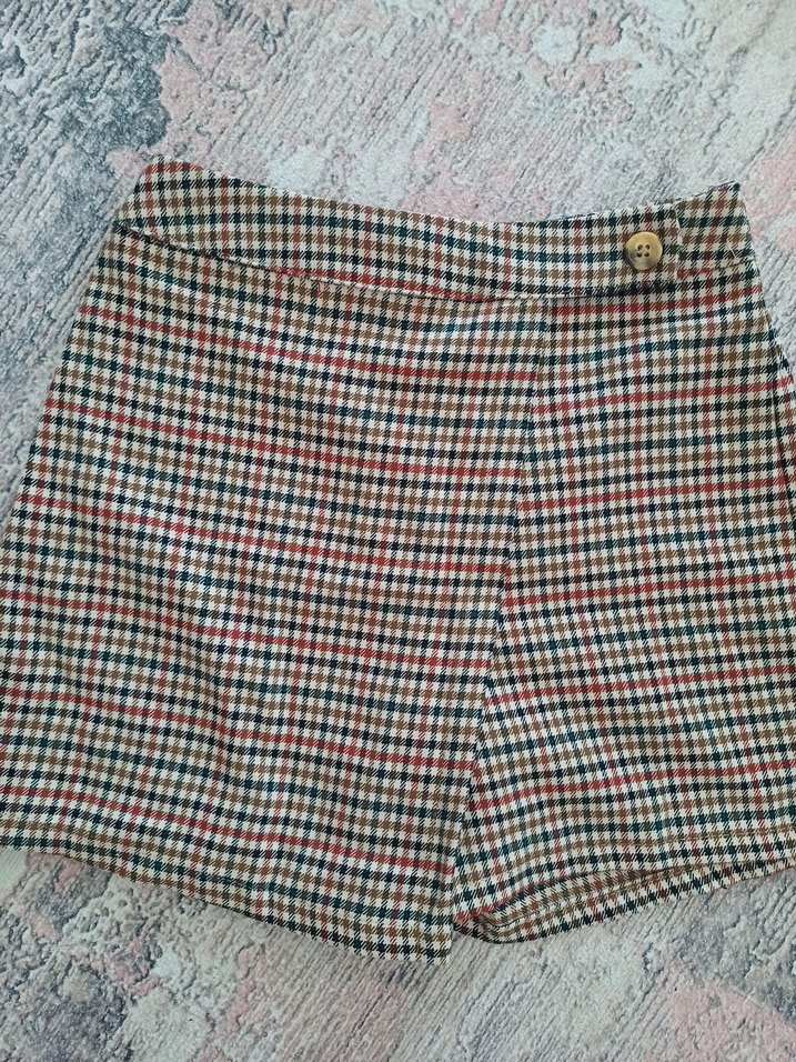 Düğmeli Ekose Mini Etek - Görsel 2