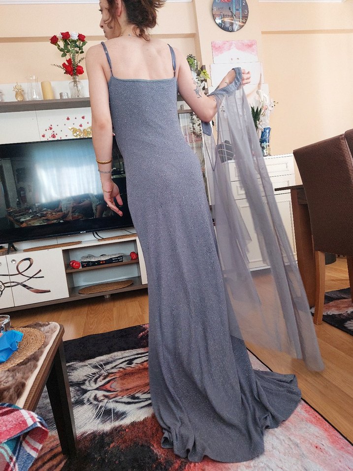 Gri Drapeli Straplez Uzun  Abiye Elbise - Görsel 2