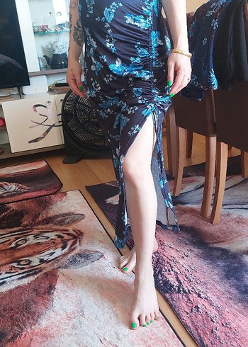 Mavi V Yakalı Uzun Bohem Elbise - Görsel 2