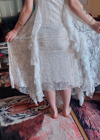 Bohem Beyaz Uzun A Kesim Dantel elbise - Görsel 2