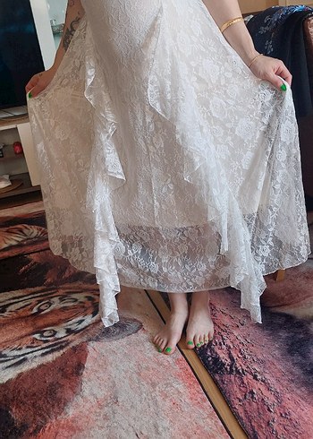 Bohem Beyaz Uzun A Kesim Dantel elbise - Görsel 3