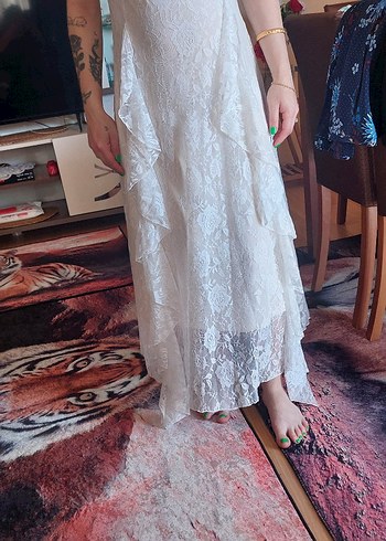 Bohem Beyaz Uzun A Kesim Dantel elbise - Görsel 4