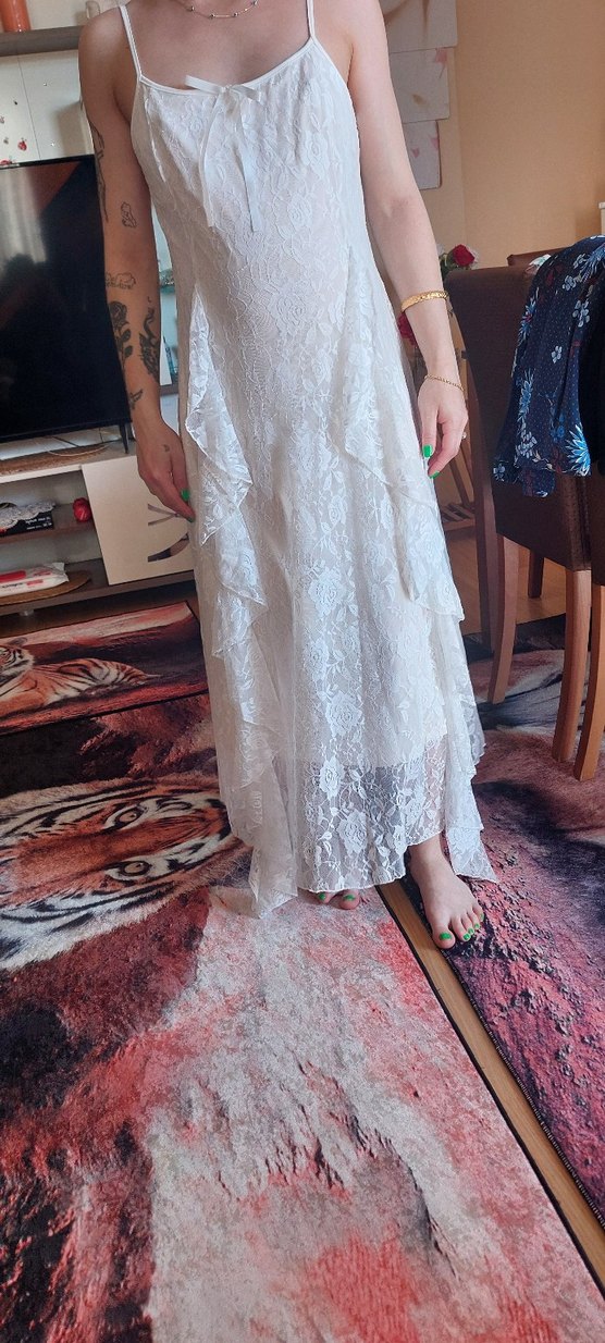 Bohem Beyaz Uzun A Kesim Dantel elbise - Görsel 4