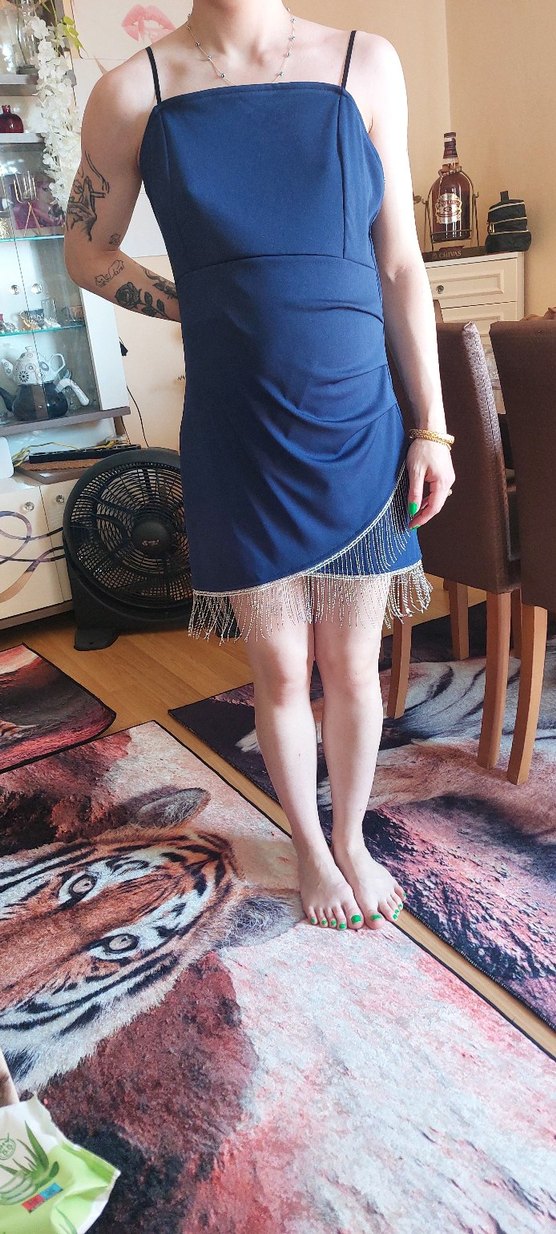 Parlak Mavi Straplez Midi Drapeli Elbise - Görsel 2