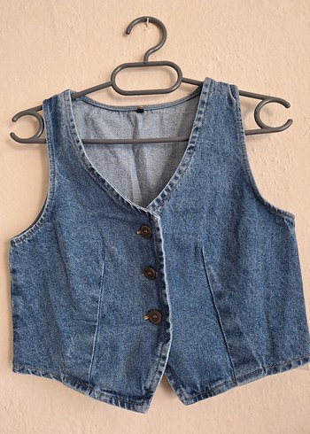 Düğmeli Mavi Kadın Denim Yelek
