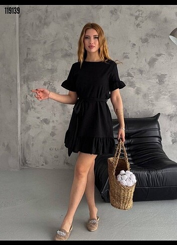 Diğer Kadın keten kumaş kolları fırfırlı belde kuşak detaylı mini boy
