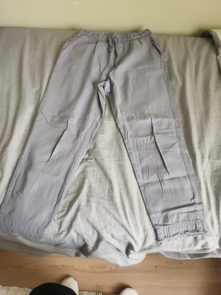 Düğmeli Bej Keten Kadın Pantolon - Görsel 4