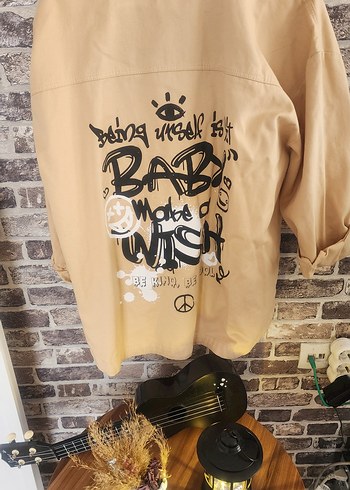 Bej Baskılı Rock Punk kadın kot Gömlek - Görsel 5