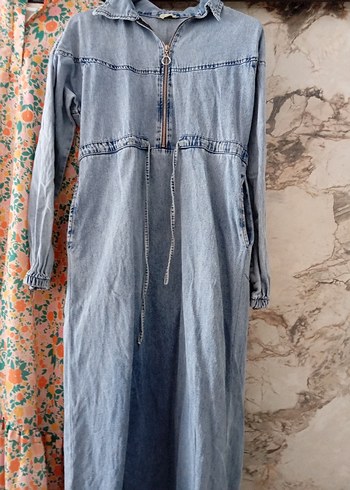 Uzun Kollu Fermuarlı Bohem Denim Elbise