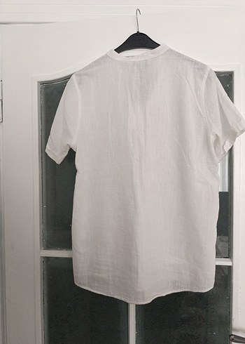 Düğmeli Keten Kadın Beyaz Gömlek - Görsel 3