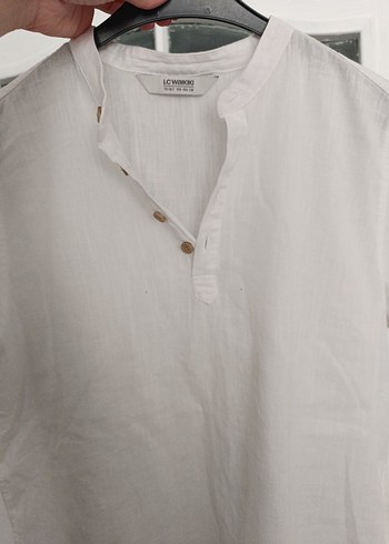 Düğmeli Keten Kadın Beyaz Gömlek - Görsel 4