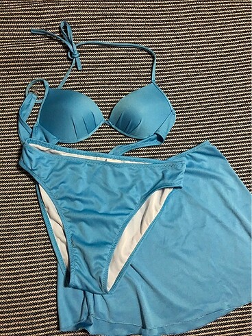 Mavi Üçlü Bikini Takımı (üst+ etek + külot)