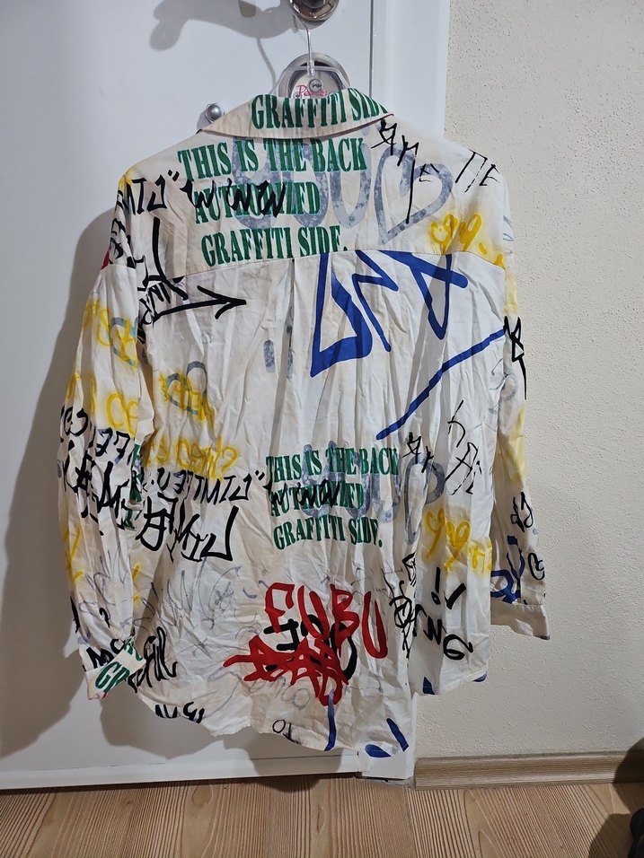 Düğmeli, Baskılı, Çok Renkli Kadın Gömlek - Görsel 4