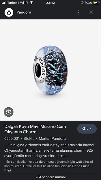 Pandora murano charm mavi orijinal