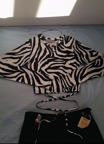 s Beden çeşitli Renk Bel dolamalı zebra desenli uzun kollu bluz