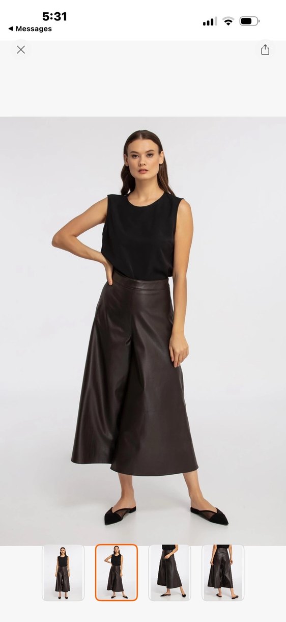 Siyah Deri Mini Geniş Paça Kadın Pantolon - Görsel 2