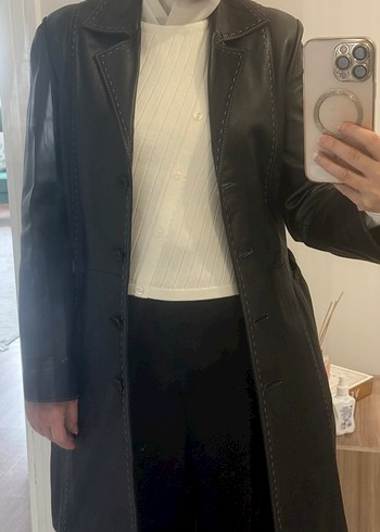 Düğmeli Siyah Deri Midi Kadın Kaban - Görsel 3
