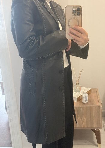 Düğmeli Siyah Deri Midi Kadın Kaban - Görsel 5