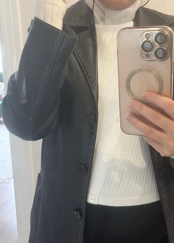 Düğmeli Siyah Deri Midi Kadın Kaban - Görsel 4