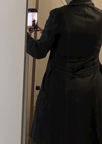 Düğmeli Siyah Deri Midi Kadın Kaban - Görsel 7