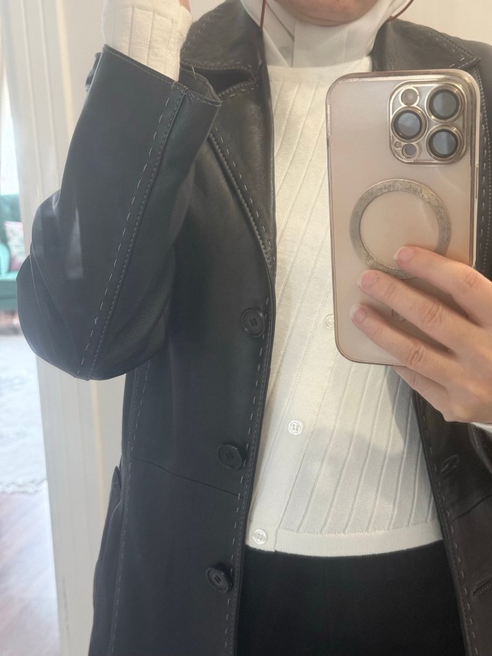 Düğmeli Siyah Deri Midi Kadın Kaban - Görsel 4