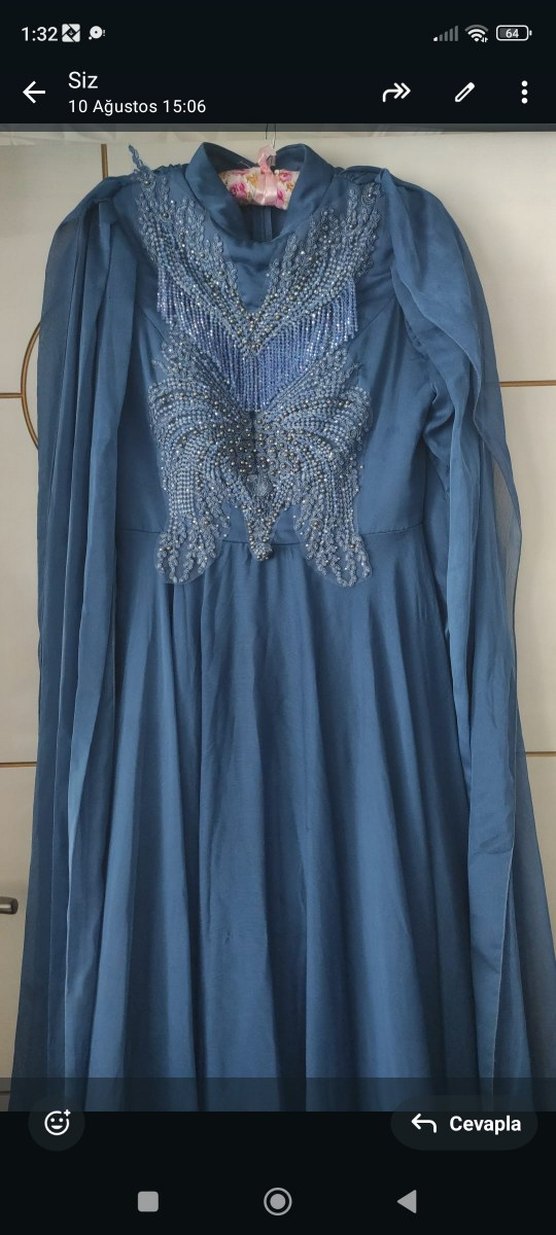 Nakışlı V Yakalı Uzun Kollu Mavi Abiye Elbise - Görsel 2