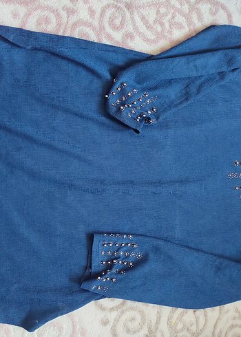Düğmeli Mavi Nakışlı Uzun Denim Tunik