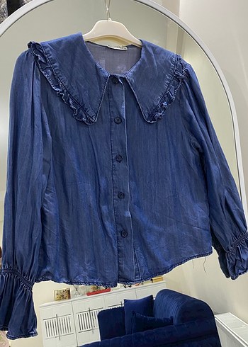 Düğmeli Koyu Mavi Denim Kadın Gömlek