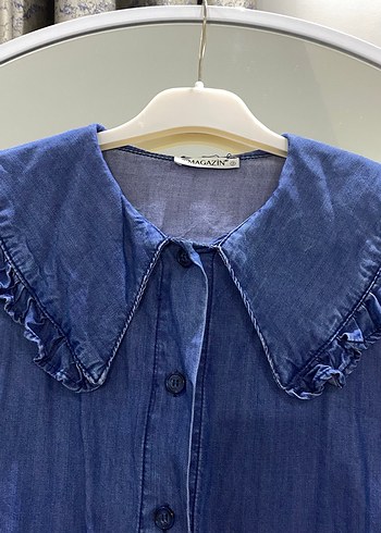 l Beden Düğmeli Koyu Mavi Denim Kadın Gömlek