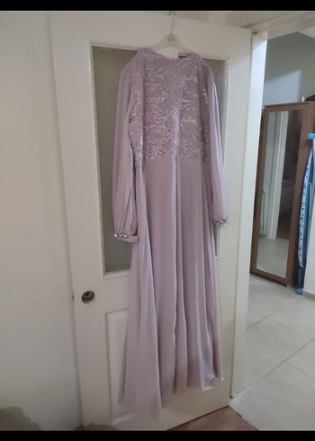 Bej Drapeli Uzun Kollu Uzun Abiye Elbise - Görsel 3