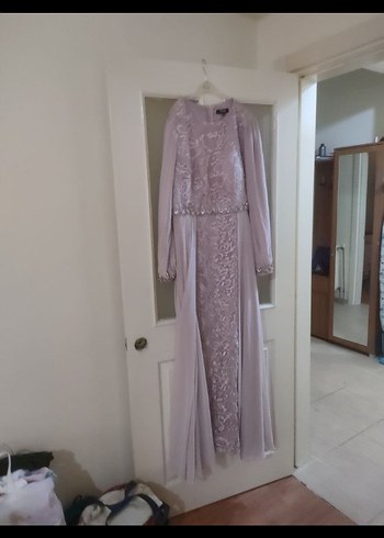 Bej Drapeli Uzun Kollu Uzun Abiye Elbise - Görsel 2