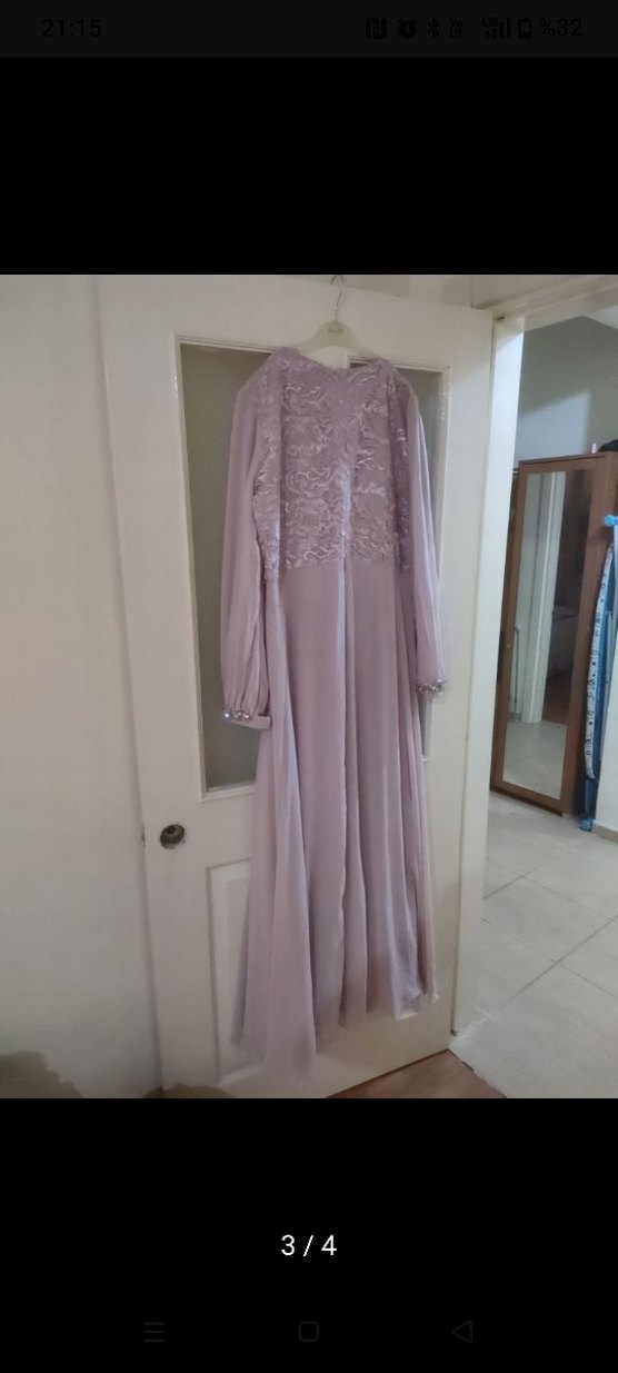 Bej Drapeli Uzun Kollu Uzun Abiye Elbise - Görsel 3