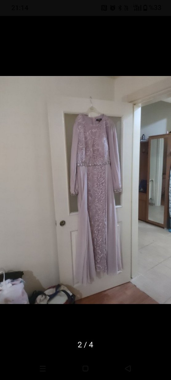 Bej Drapeli Uzun Kollu Uzun Abiye Elbise - Görsel 2