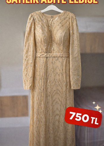 Parlak Altın Uzun Kollu Abiye Elbise - Görsel 2