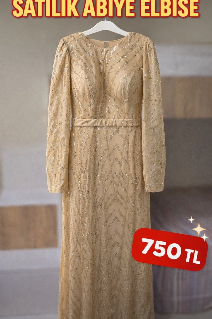 Parlak Altın Uzun Kollu Abiye Elbise - Görsel 2