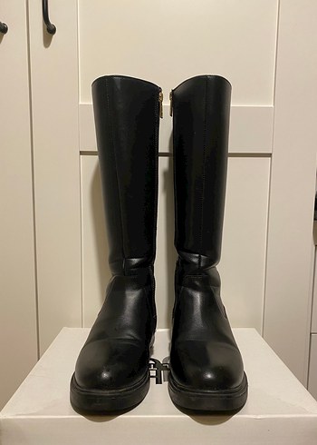 Siyah Deri Dizüstü Çizme Tokalı Topuklu - Görsel 3