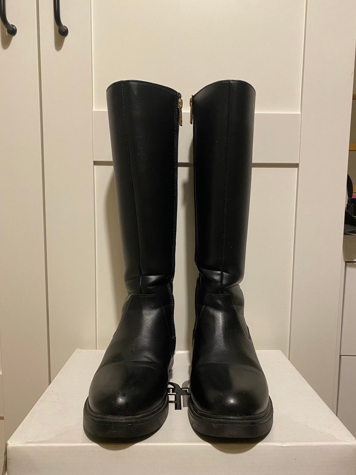 Siyah Deri Dizüstü Çizme Tokalı Topuklu - Görsel 3