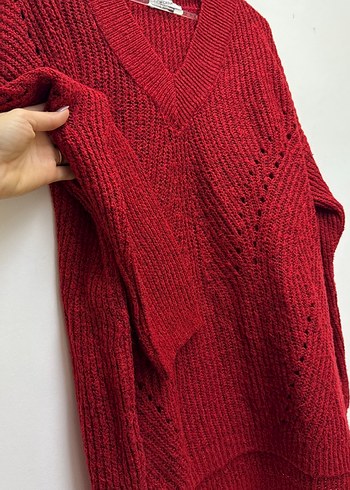 Bordo V Yakalı Örgü Kadın Kazak - Görsel 3