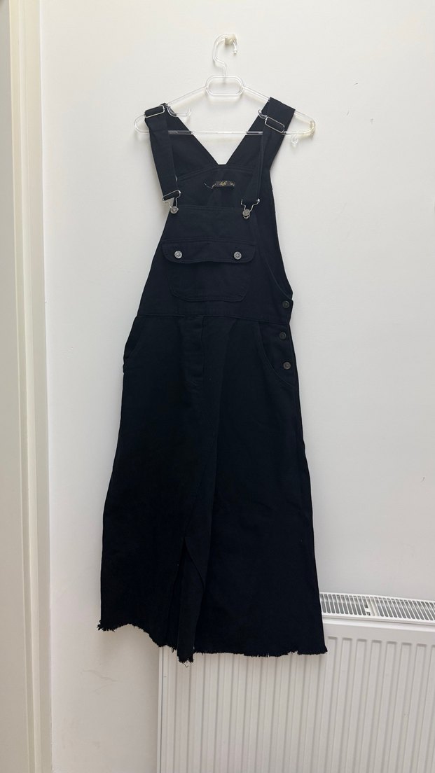 Kadın Siyah Uzun Denim Tulum - Görsel 3