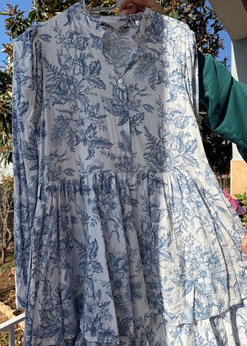 Mavi Bağlamalı Uzun Bohem Keten Elbise - Görsel 4