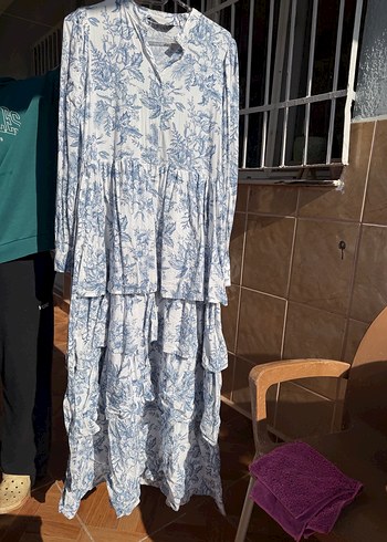 Mavi Bağlamalı Uzun Bohem Keten Elbise - Görsel 2