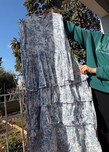 Mavi Bağlamalı Uzun Bohem Keten Elbise - Görsel 3