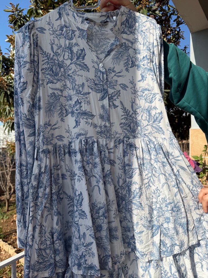 Mavi Bağlamalı Uzun Bohem Keten Elbise - Görsel 4