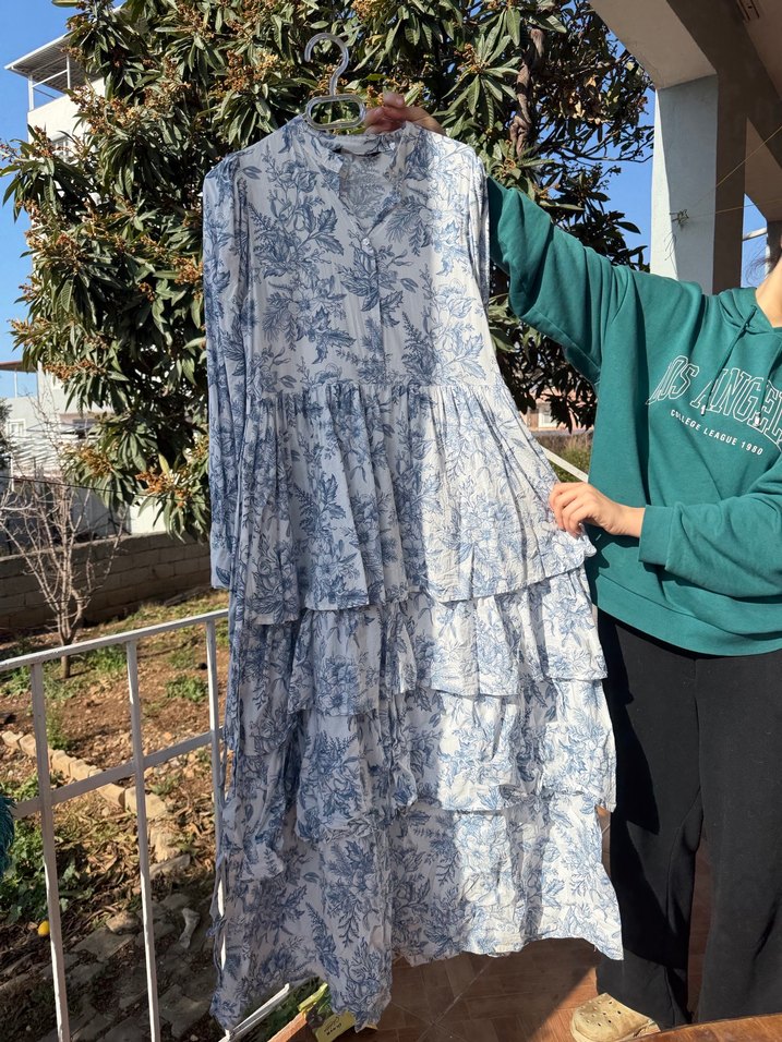 Mavi Bağlamalı Uzun Bohem Keten Elbise - Görsel 5