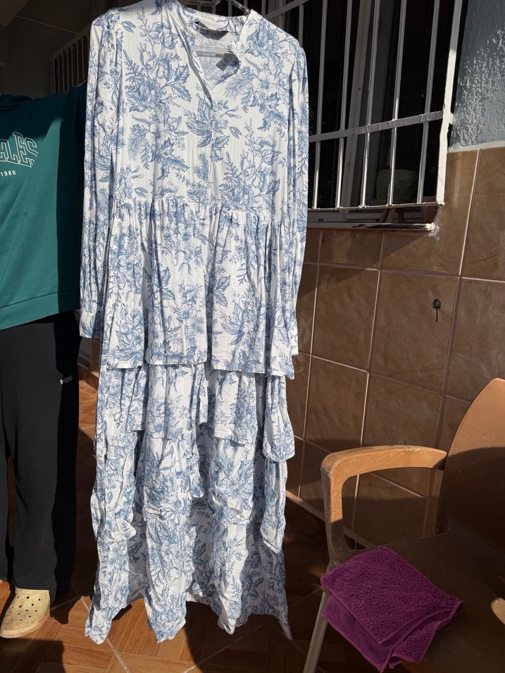 Mavi Bağlamalı Uzun Bohem Keten Elbise - Görsel 2