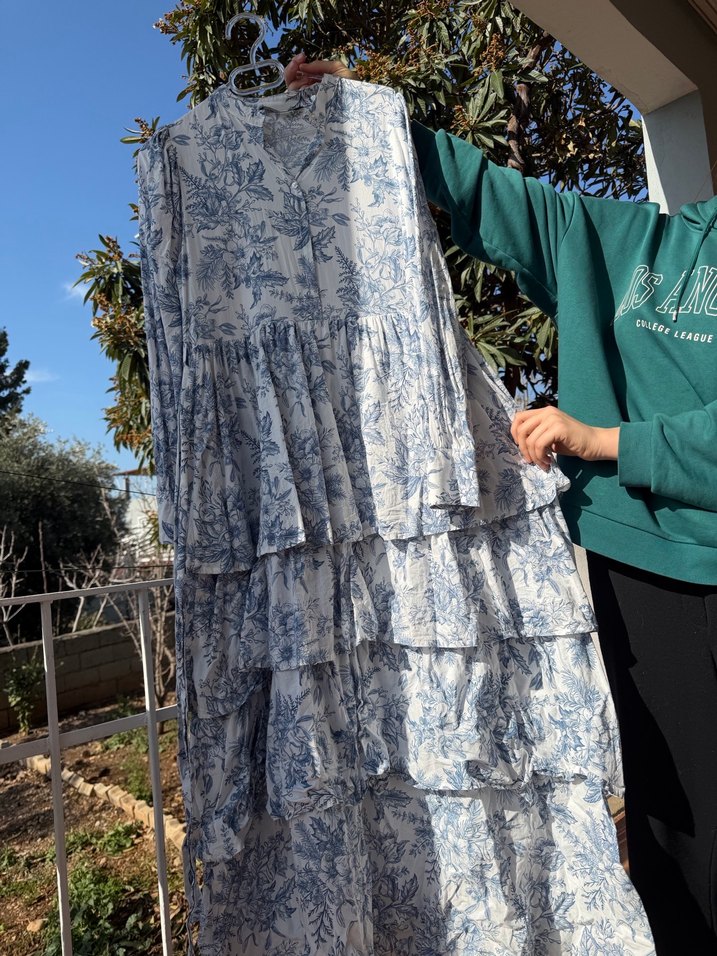 Mavi Bağlamalı Uzun Bohem Keten Elbise - Görsel 3